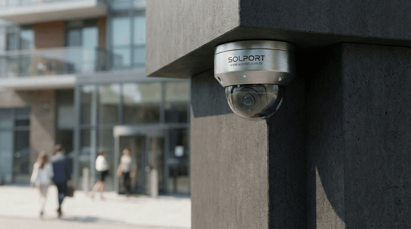 Câmera de CFTV Solport instalada na fachada de um condomínio